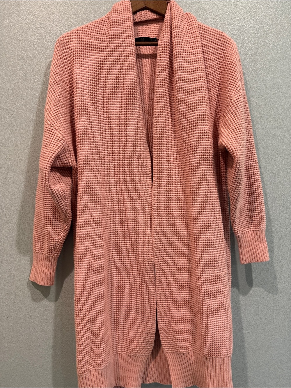 Drop Shoulder Open-Front Waffle Viscose Knit Longline Cardigan Dusty Rose L Rib